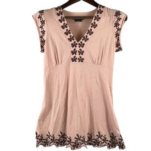 BCBG Max Azria Floral Embroidered Tunic Top M Pink Brown Cotton Boho Cottage